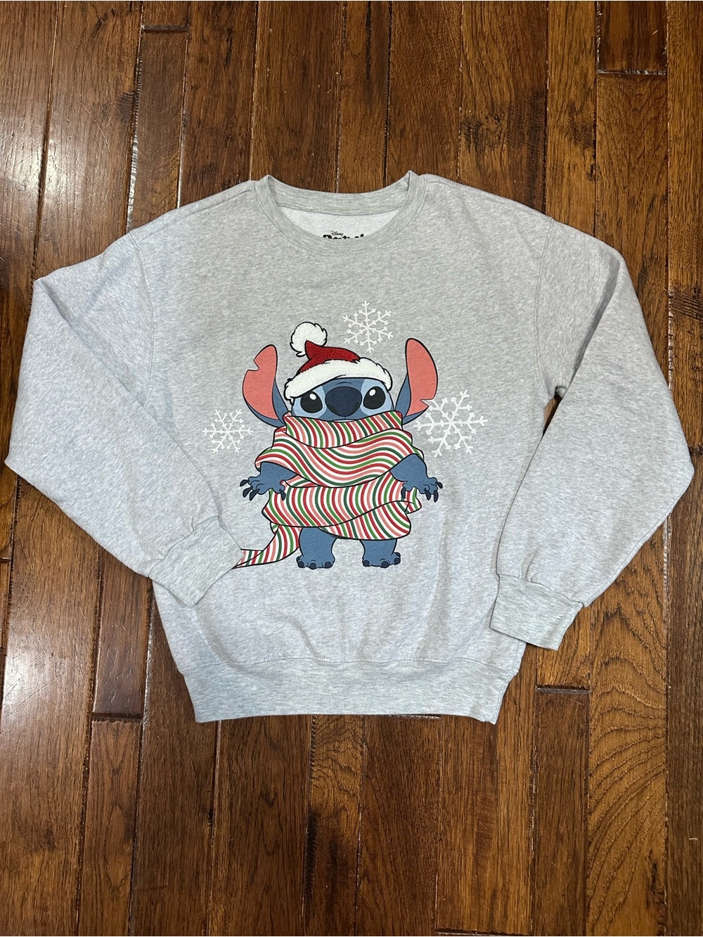 Disney Gray Stitch Holiday Crewneck Sweatshirt with Red & Green Accents